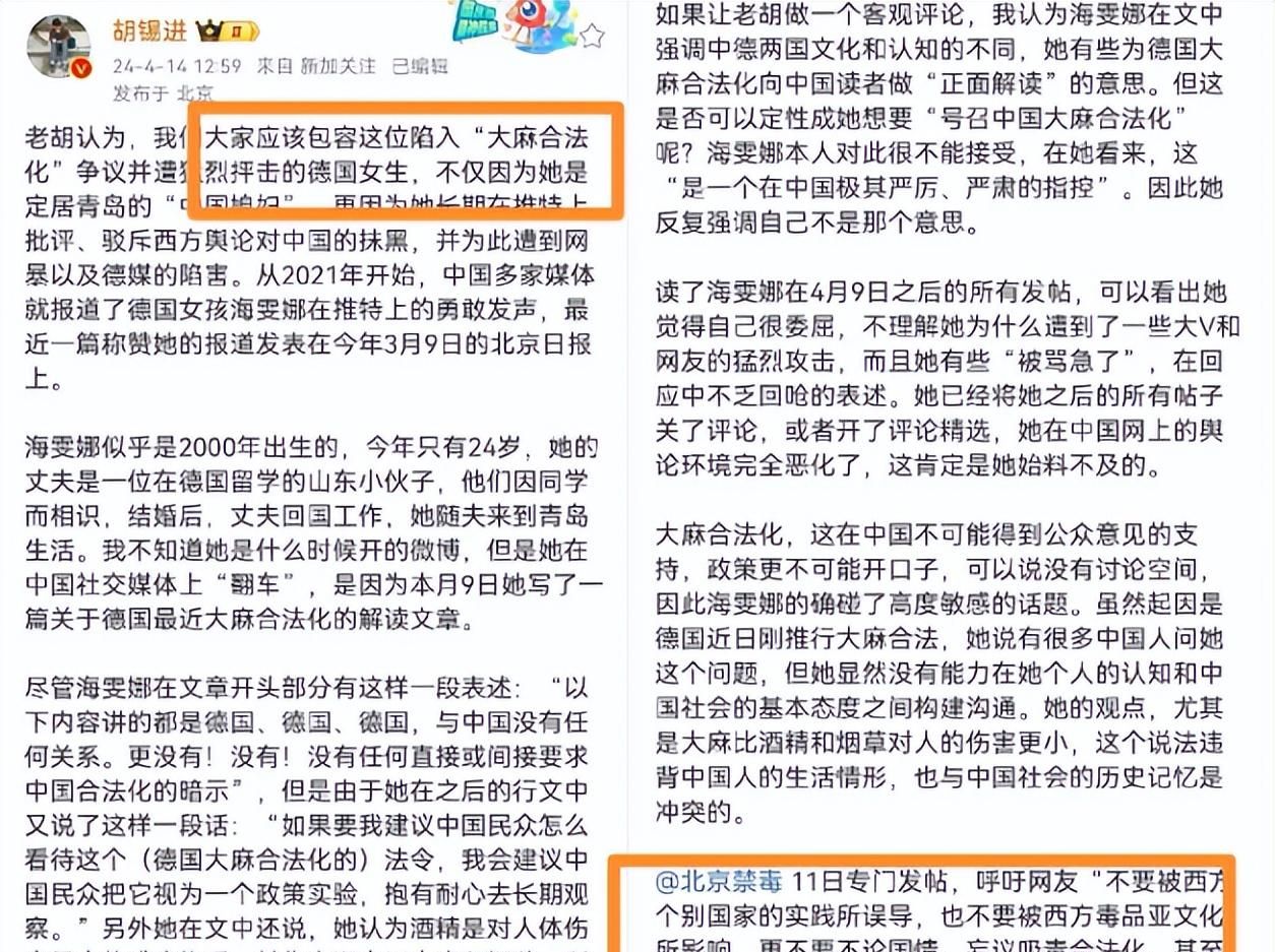 洋媳妇炒作大麻合法化！胡锡进为其辩解，她是无心之举我们要包容