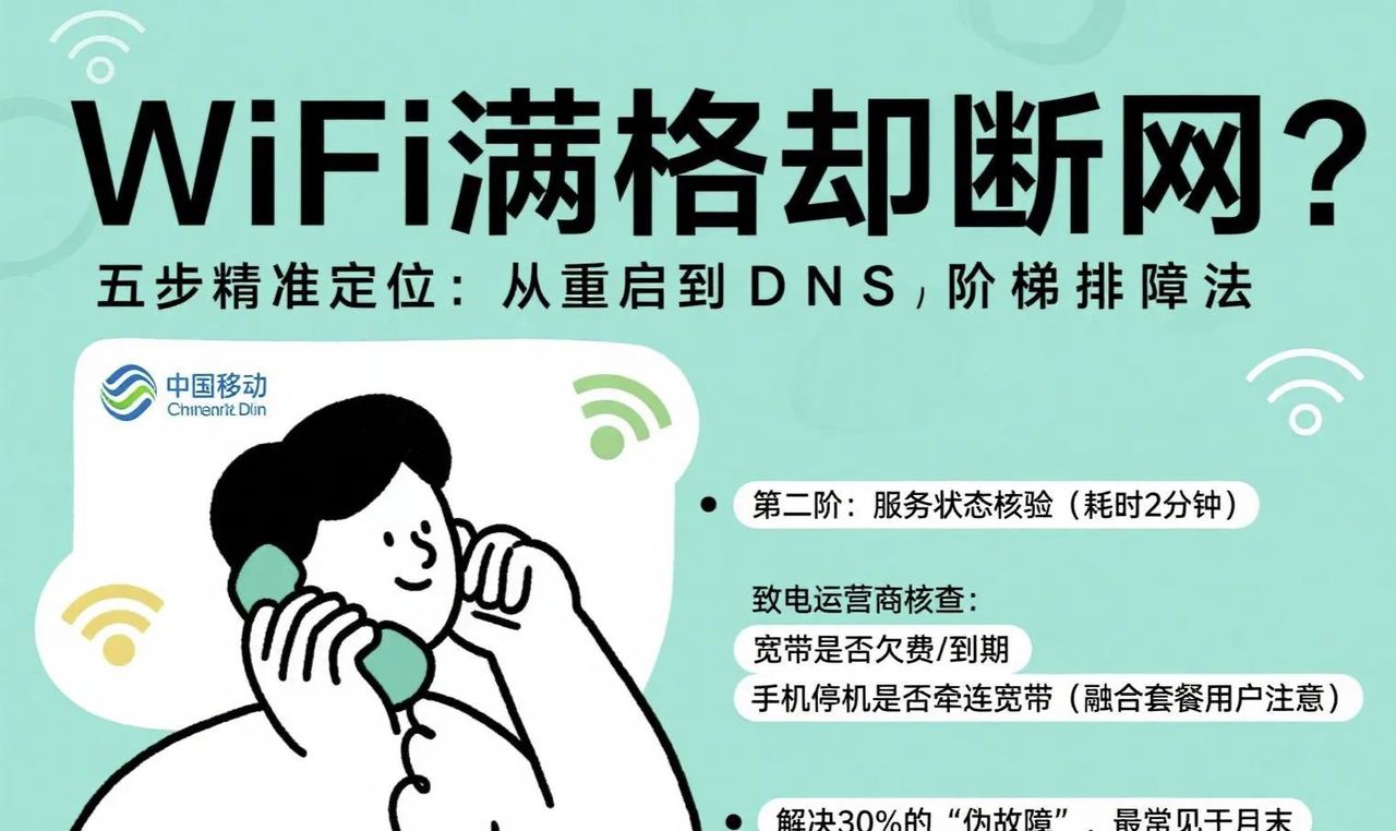 WiFi满格却断网？五步精准定位：从重启到DNS的阶梯排障法