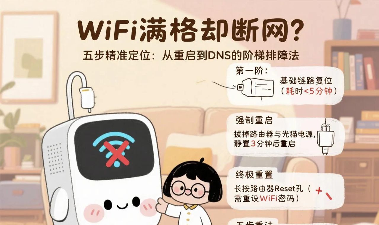 WiFi满格却断网？五步精准定位：从重启到DNS的阶梯排障法