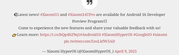 小米15推全球Android 16开发者预览计划 还有14T Pro
