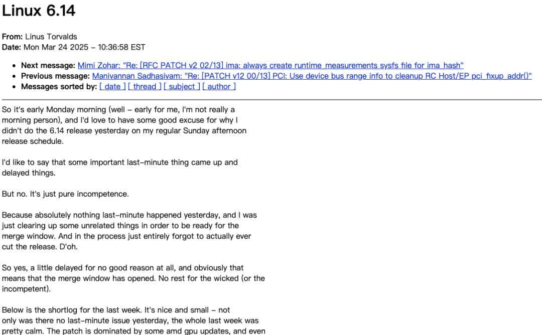 Linux 6.14发布推迟一天？Linus 直言：我忘了