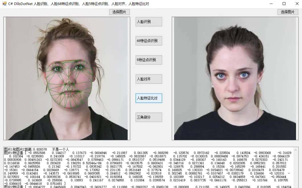 C# DlibDotNet 人脸识别、人脸68特征点识别、人脸5特征点识别、人脸对齐，三角剖分，人脸特征比对