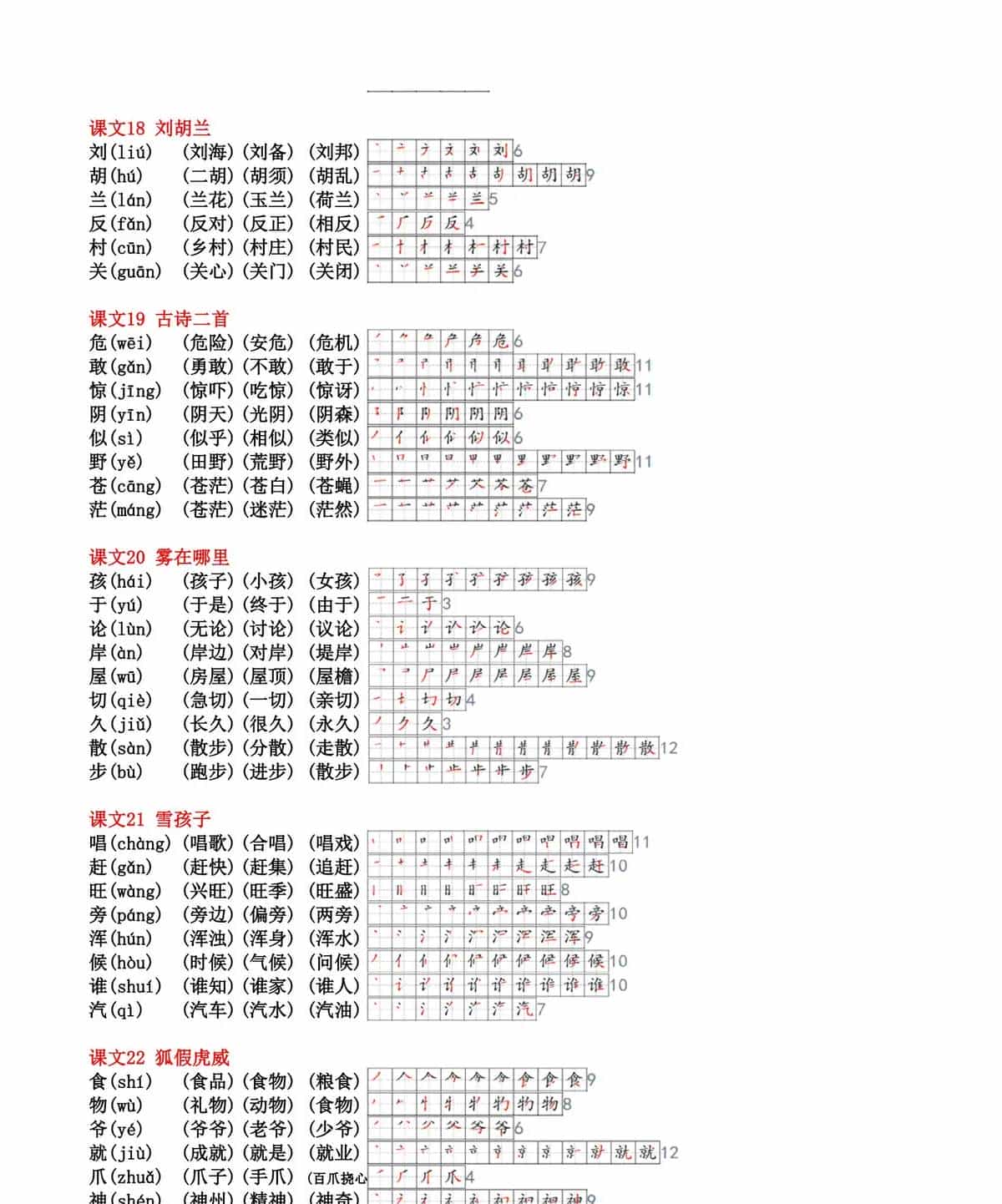 二年级上册语文生字小帖帖（包含生字、拼音、笔顺、组词，课课贴）