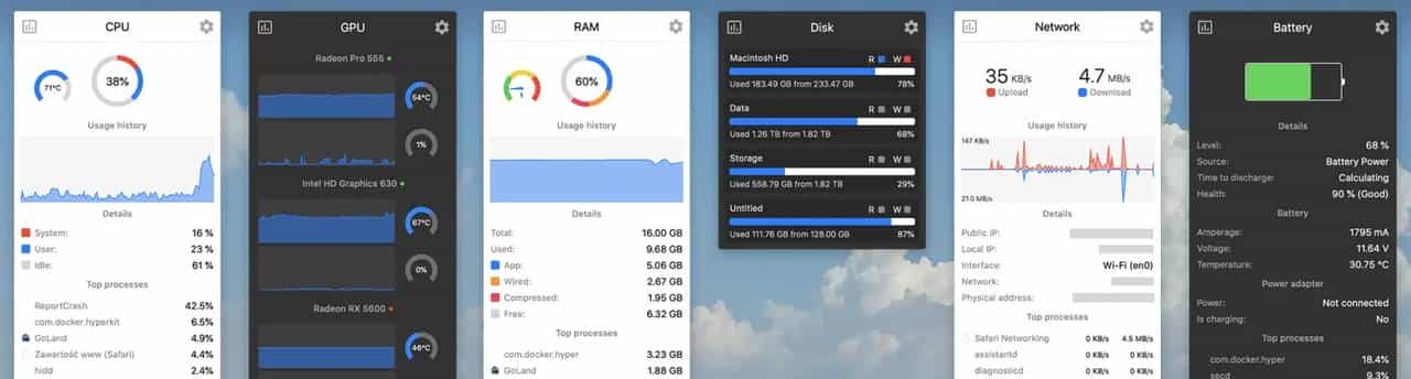 macOS菜单栏系统监控软件,Stats 可以随时查看Cpu、Gpu、内存、磁盘、电池、网络和风扇等系统信息