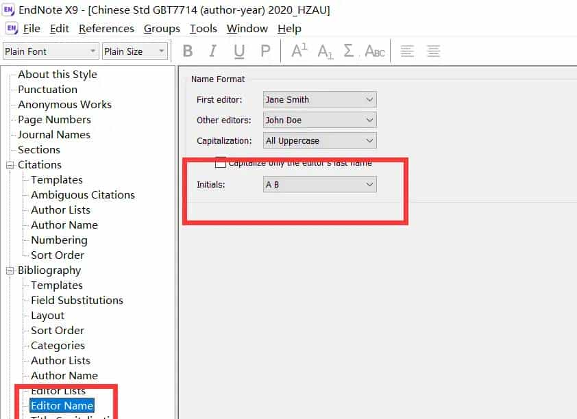 EndNote实现参考文献英文论文的中文作者拼音姓名显示名的第二个字首字母的方法