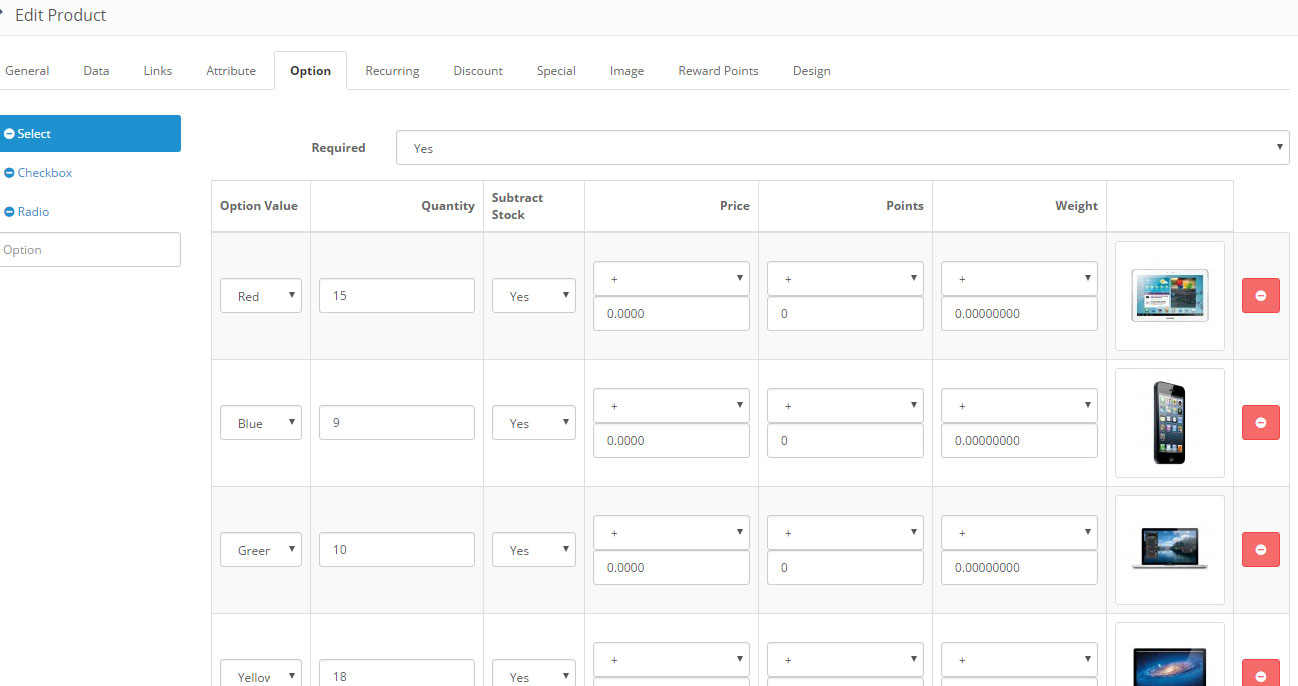 Opencart产品图片选项插件Product Option Image设置图片选项