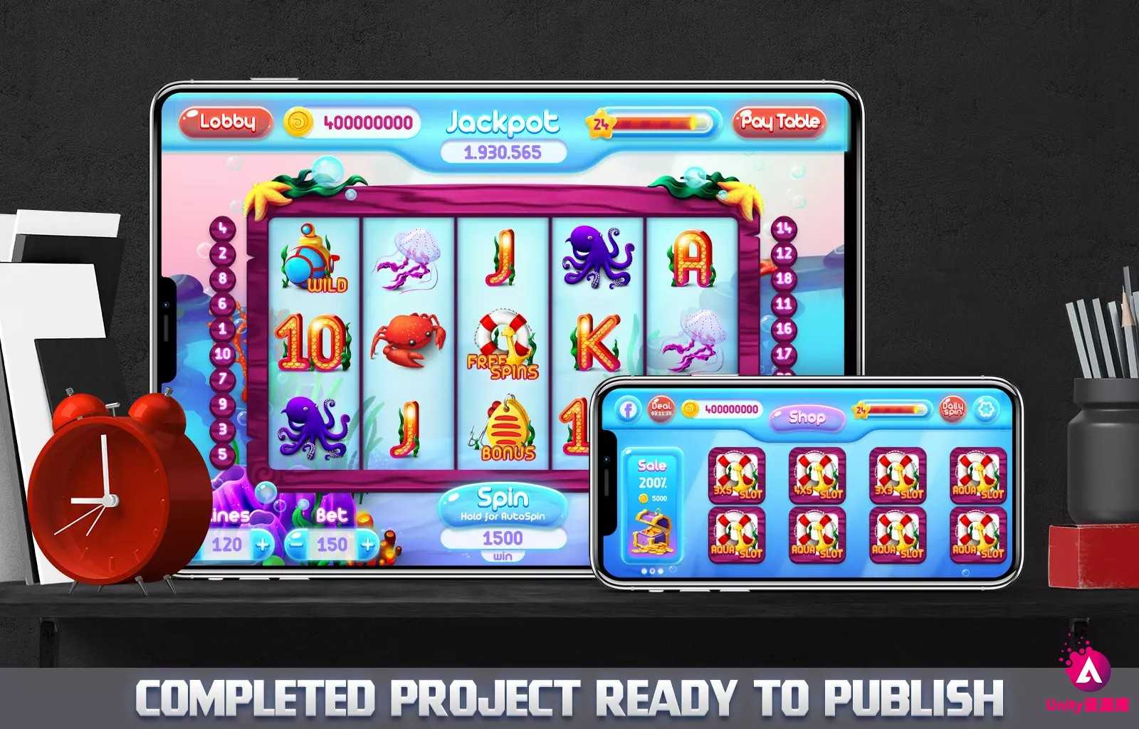 unity3d MK - Aqua Slot Asset 1.0 老虎机游戏UI界面素材 源码
