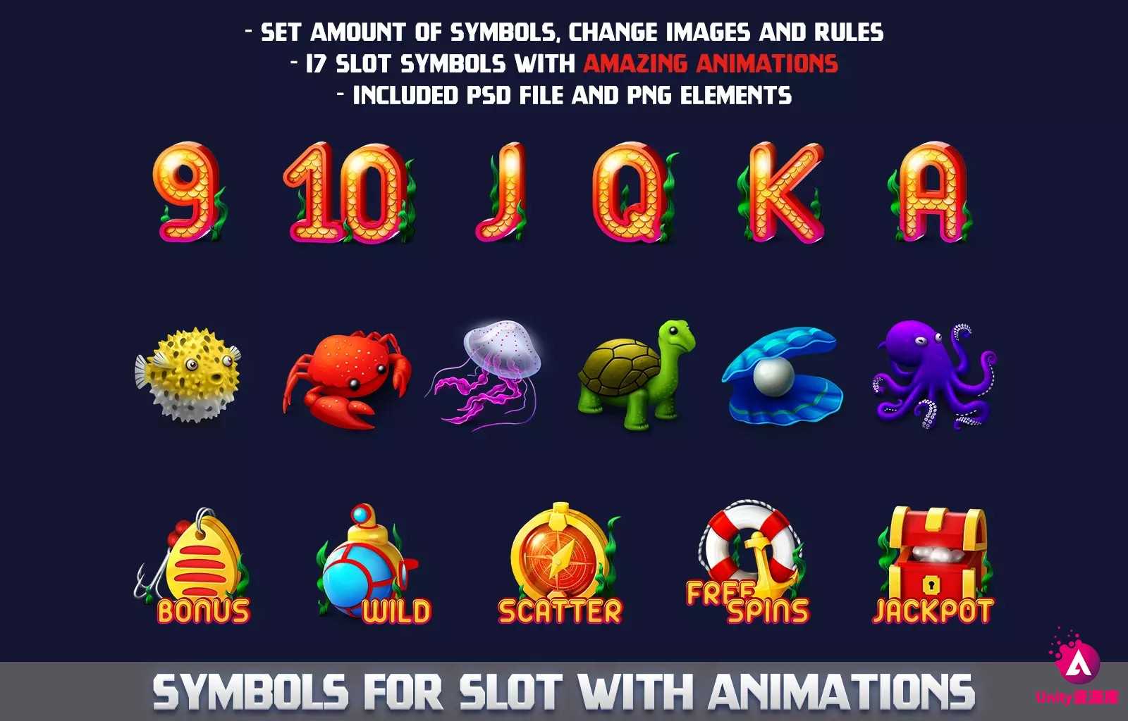 unity3d MK - Aqua Slot Asset 1.0 老虎机游戏UI界面素材 源码