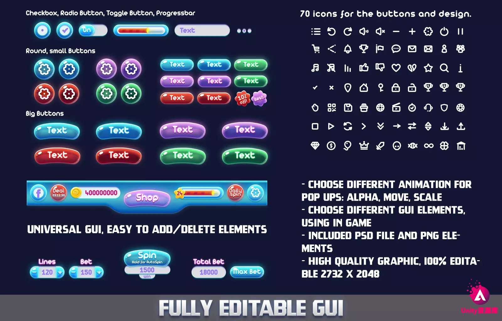 unity3d MK - Aqua Slot Asset 1.0 老虎机游戏UI界面素材 源码