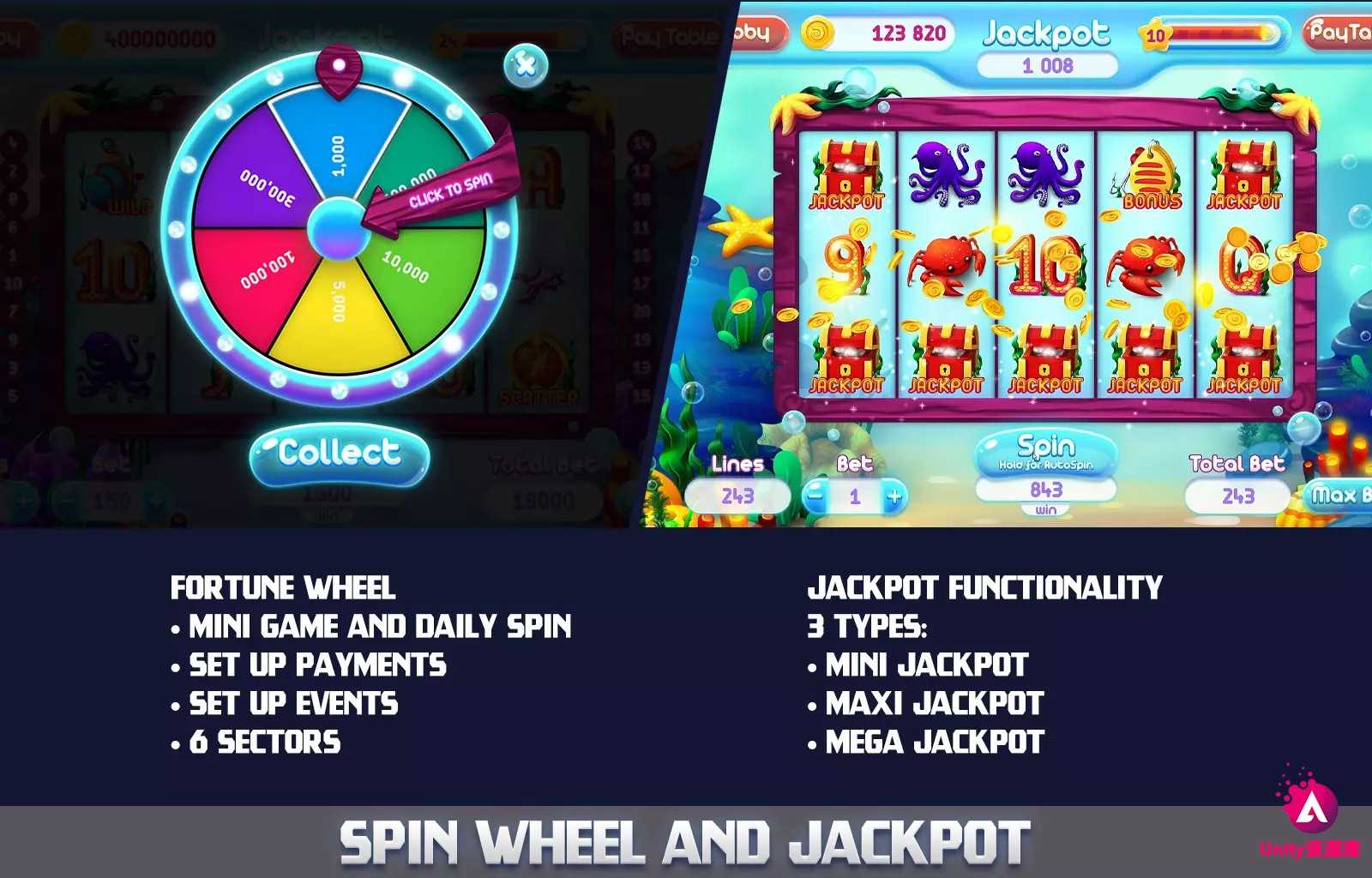 unity3d MK - Aqua Slot Asset 1.0 老虎机游戏UI界面素材 源码