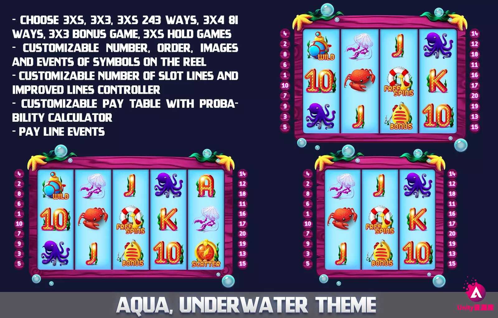 unity3d MK - Aqua Slot Asset 1.0 老虎机游戏UI界面素材 源码