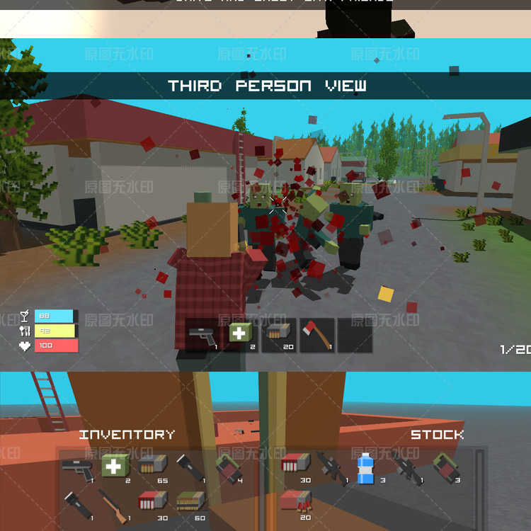 unity3d源码 多人局域网FPS对战游戏 像素我的世界风格射击僵尸