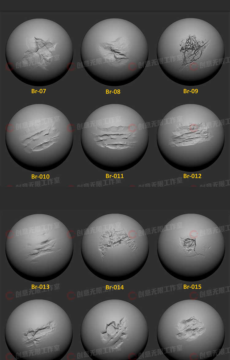 55种Zbrush石头和混凝土损坏笔刷zb雕刻画笔 视频教程
