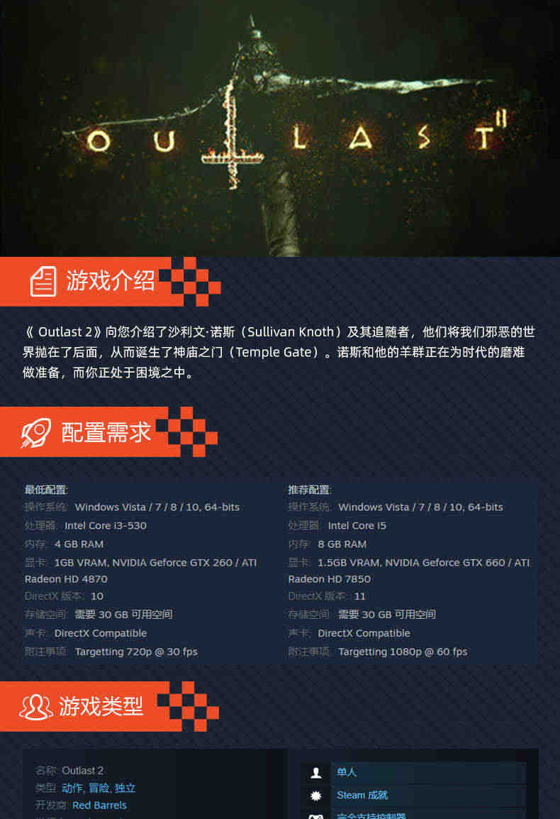 PC 正版 游戏  逃生2 Outlast2  steam 国区激活码 逃生1 Outlast  国区激活码秒发