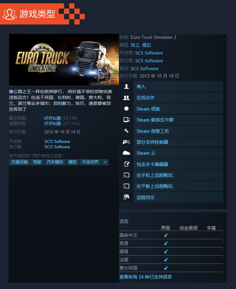 steam正版PC游戏 欧洲模拟卡车2 欧卡2 激活码 秒发 Euro Truck Simulator 2 欧洲卡车模拟2正版