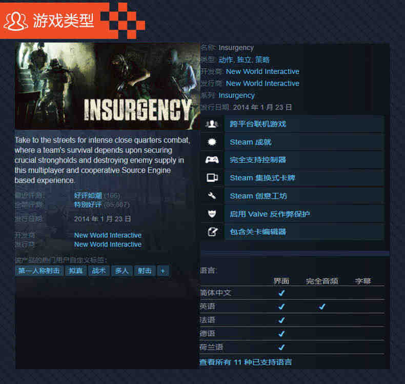 PC中文正版steam 叛乱 Insurgency 叛乱1 cdkey 国区激活码