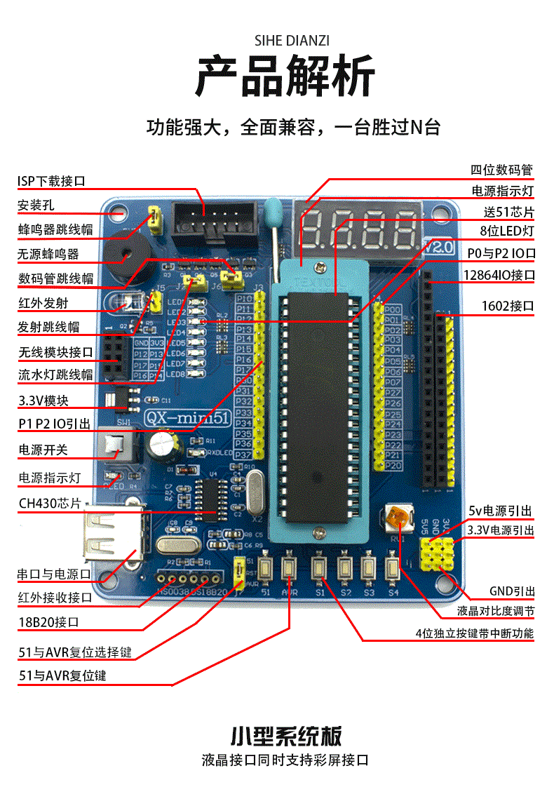 适用51/AVR单片机小系统板 51单片机开发板 51单片机学习板 送液