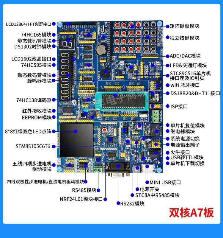 适用51单片机开发板学习实验板A6双核芯STC8A8K64芯片STM8S105套