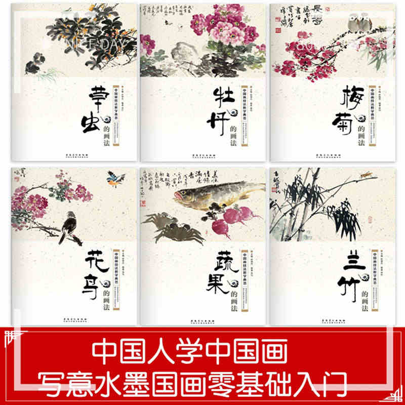 6本中国画技法教学典范 牡丹 兰竹 梅花 花鸟 蔬果 草虫的画法 国画...