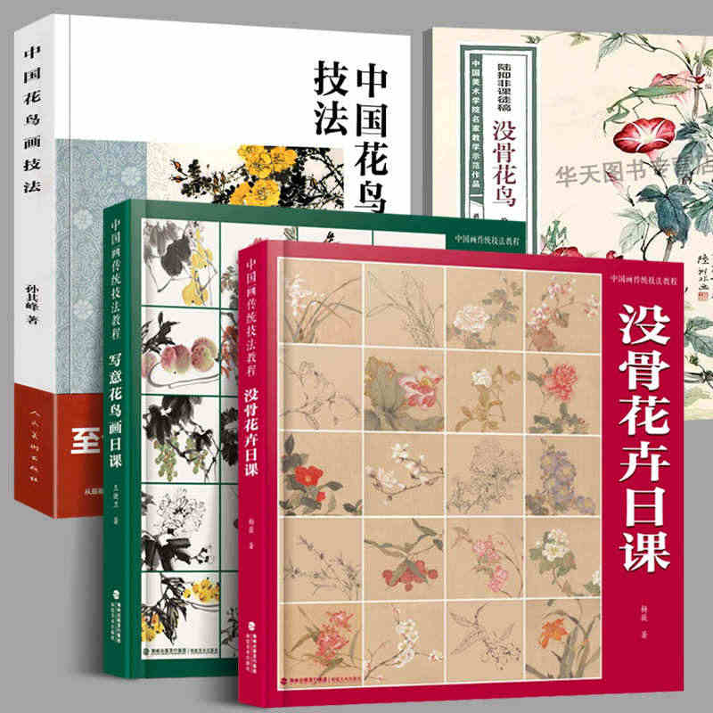 【全套4册】没骨花卉日课+中国花鸟画技法+陆抑非课徒稿没骨花鸟+写意花...