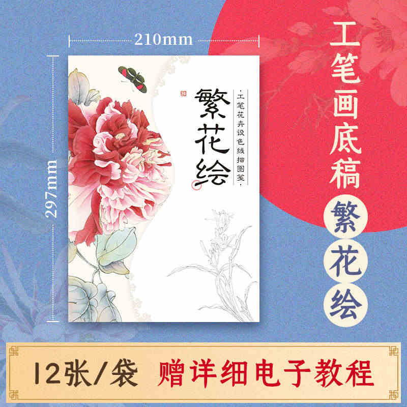 【单册】繁花绘 工笔花卉设色线描图笺 12张工笔画底稿白描涂色附电子教...