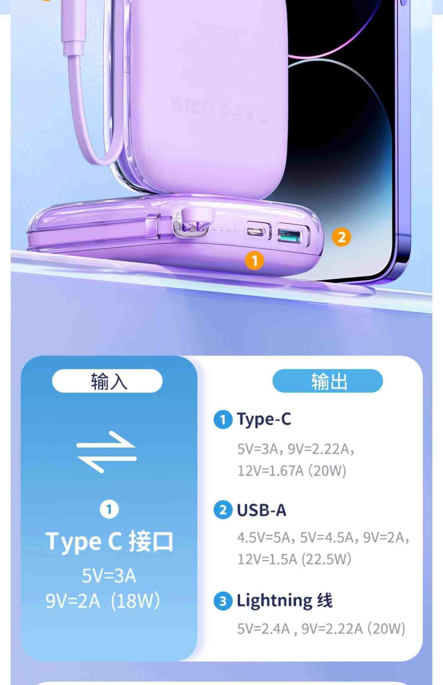 机乐堂小果冻充电宝自带线超薄小巧便携10000毫安快充官方正品旗舰店适用苹果小米手机飞机携带迷你可爱小型