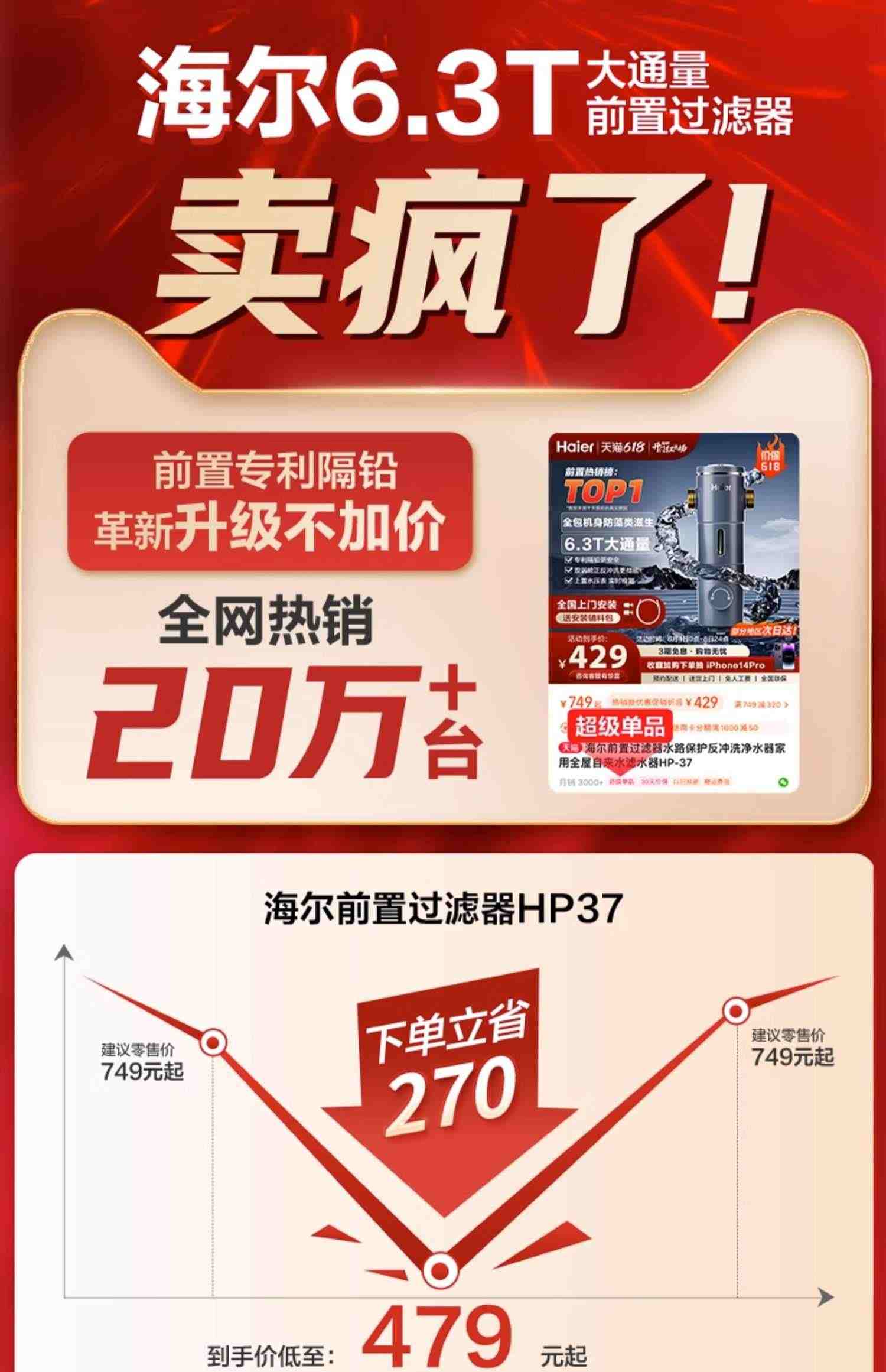 海尔前置过滤器水路保护反冲洗净水器家用全屋自来水滤水器HP-37