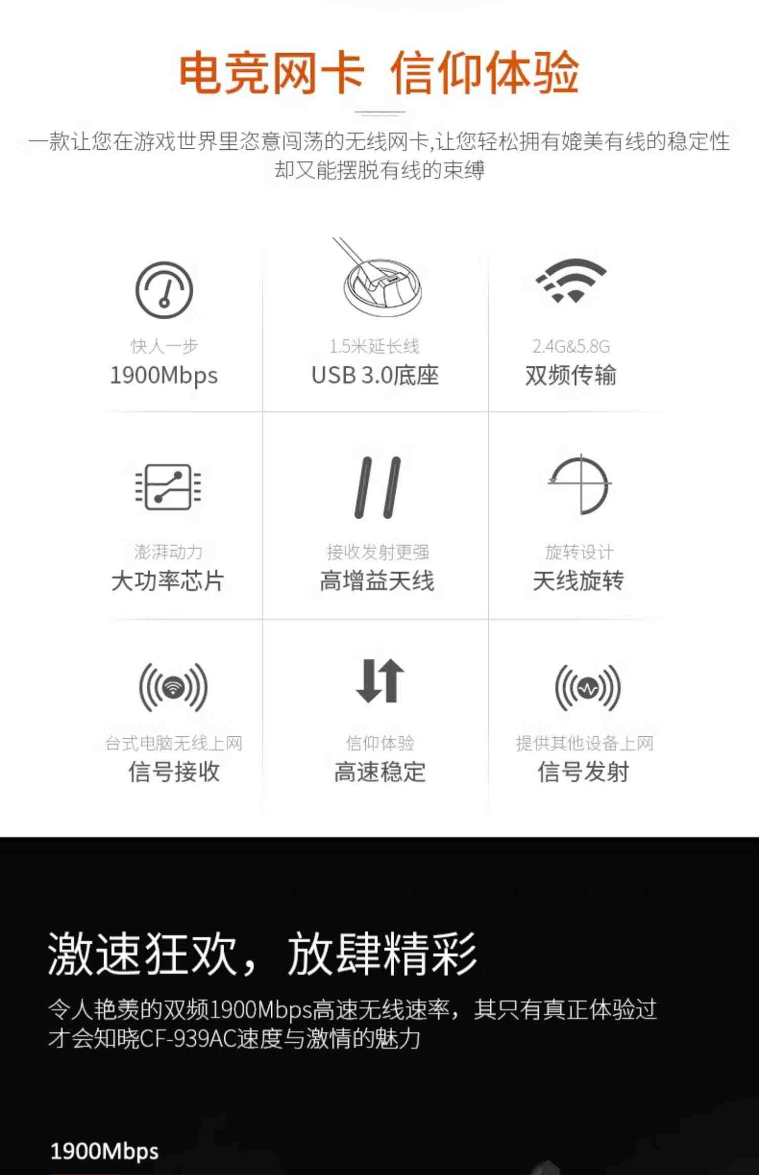 【电竞游戏网卡】COMFAST双频1900M无线网卡台式机千兆5G高速台式电脑wifi接收器外置笔记本USB3.0大功率WIFI