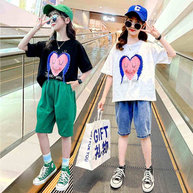 女童短袖套装夏装洋气2023新款中大童牛仔短裤休闲两件套夏季衣服