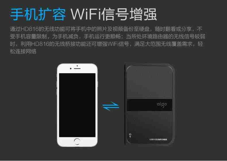 爱国者2T无线移动硬盘HD816高速USB3.0wifi无线硬盘正品大容量抗震防摔安卓苹果手机电脑通用外接移动硬盘