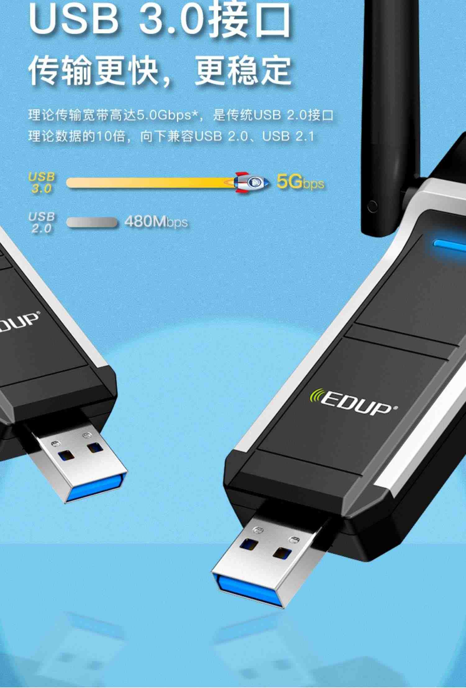 edup 免驱wifi6无线网卡usb千兆5G双频1800M台式机电脑USB3.0接口电竞游戏笔记本外置家用网络无线wifi接收器