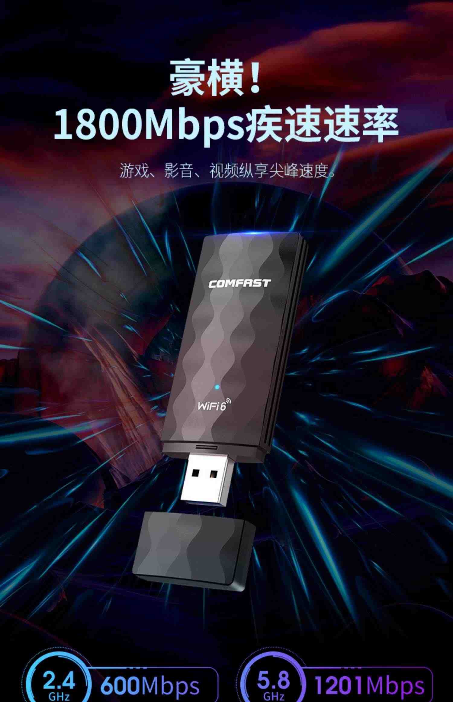 WiFi6电竞游戏无线网卡第六代千兆5G双频1800Mbps台式机wifi接收器笔记本电脑外置USB3.0网络信号穿墙951AX