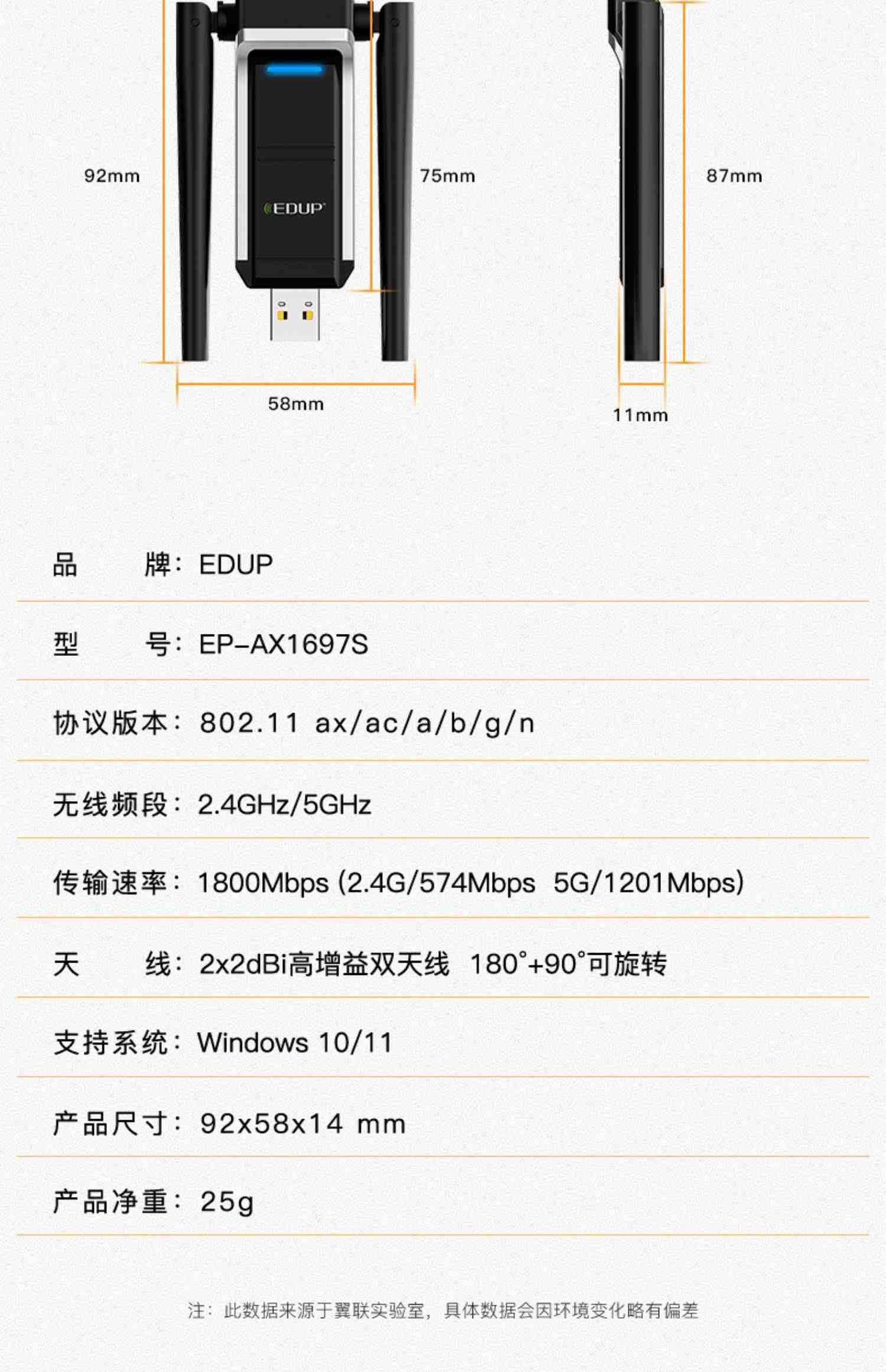 edup 免驱wifi6无线网卡usb千兆5G双频1800M台式机电脑USB3.0接口电竞游戏笔记本外置家用网络无线wifi接收器