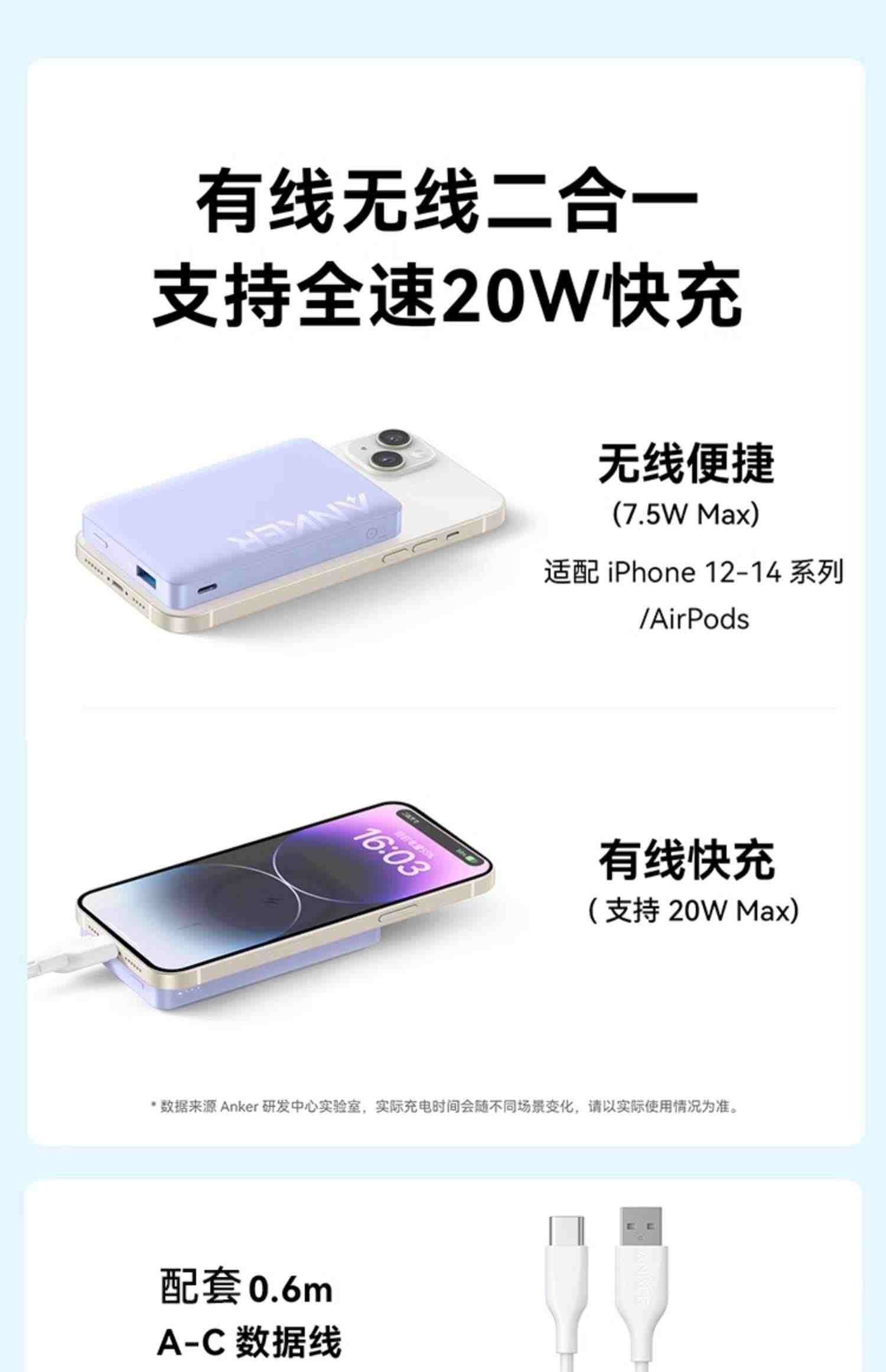 Anker安克10000毫安magsafe磁吸无线充电宝适用于苹果14Promax手机iphone13/12超薄小巧便携移动电源