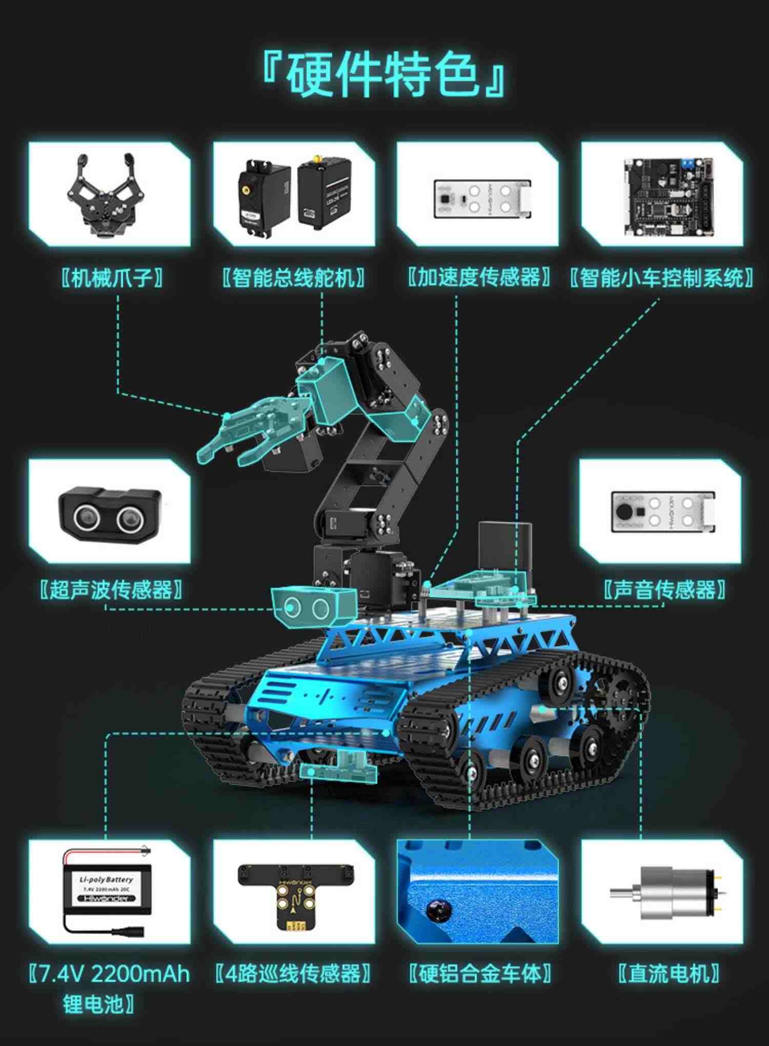 幻尔6自由度机械臂机器人循迹避障stm32开源搬运编程智能履带小车