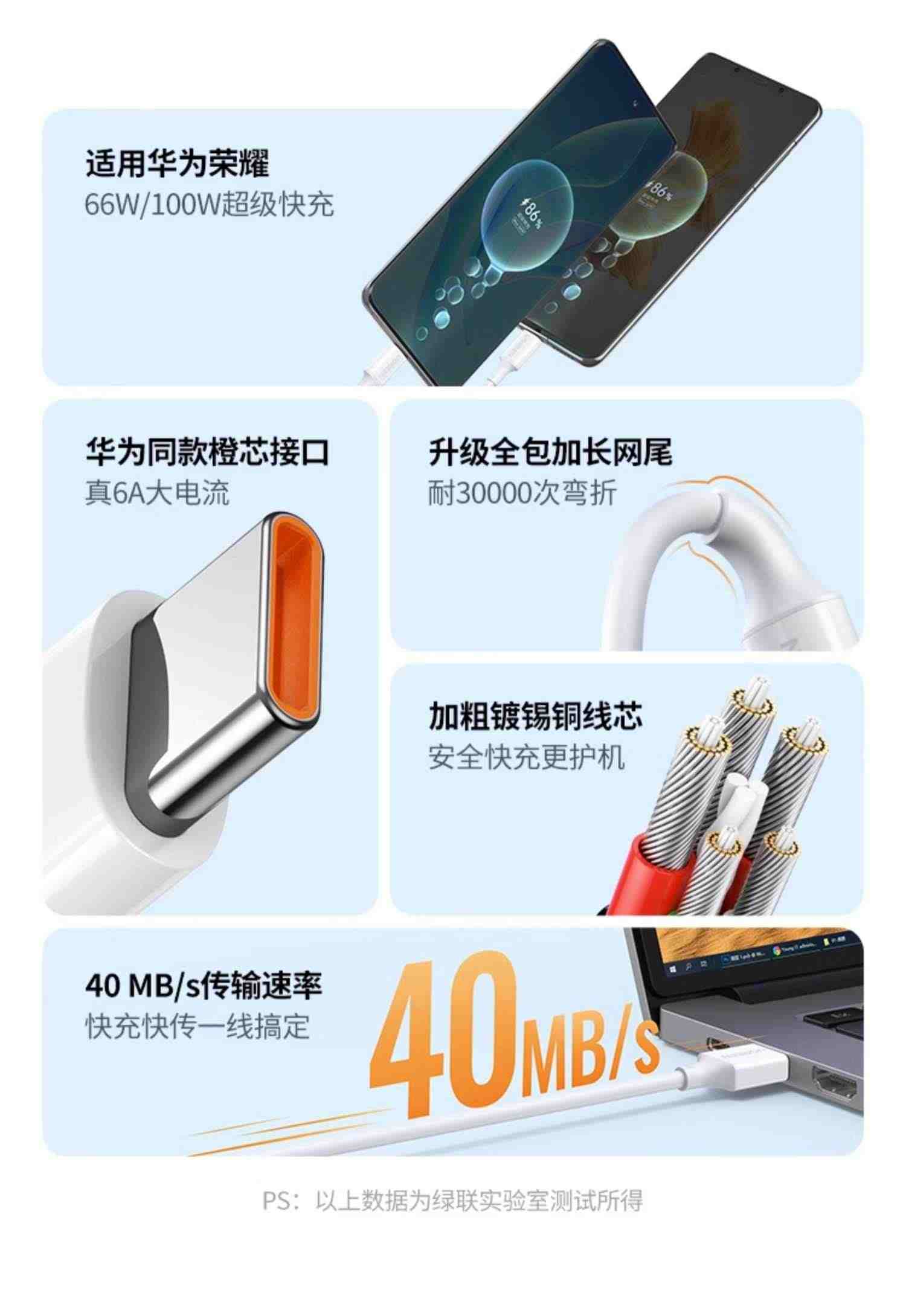 绿联type-c数据线6a5a充电器宝线适用华为荣耀小米安卓40w66w100W手机tpc加长usb短tapyc超级typc快充tpyec线