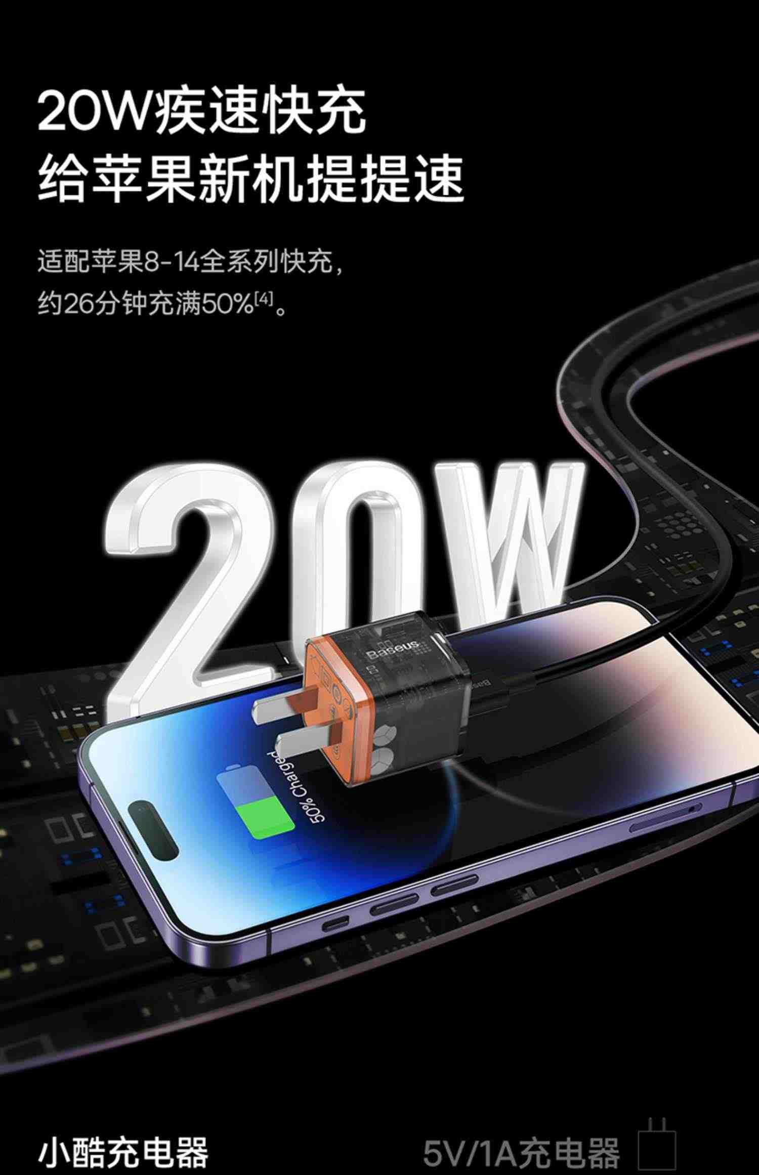 倍思20w充电器小酷氮化镓适用苹果14充电头透明自动断电套装iPhone14Promax快充头pd插头手机ipad正品typec