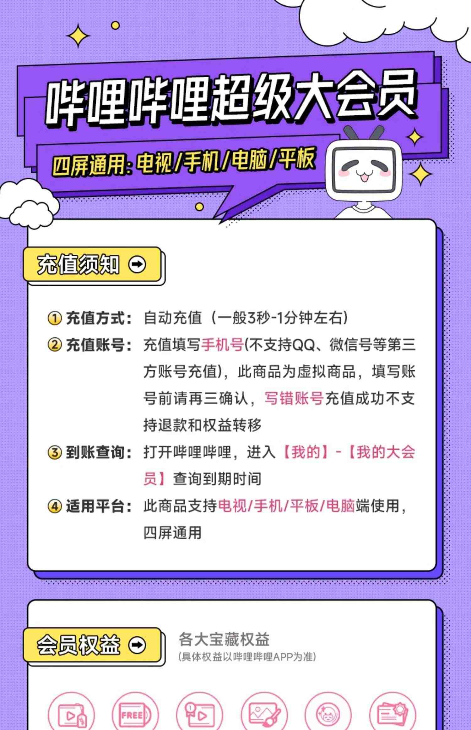 哔哩哔哩超级大会员12个月 B站vip会员电视年卡TV会员 填绑定手机